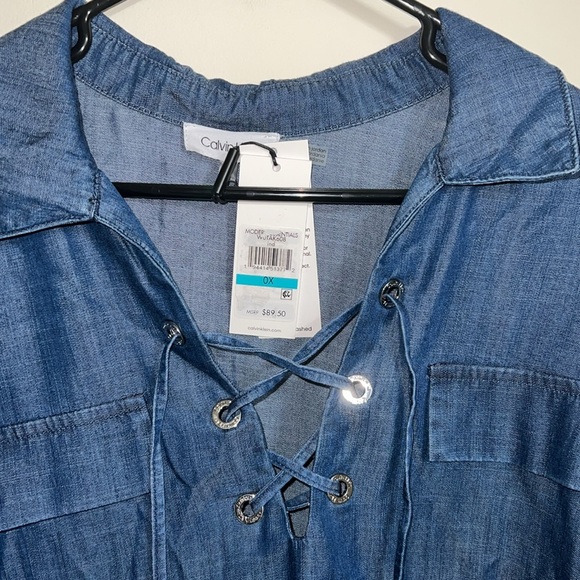 Calvin Klein Roll Sleeve Lace Up Chambray Blouse Size - Picture 4 of 8